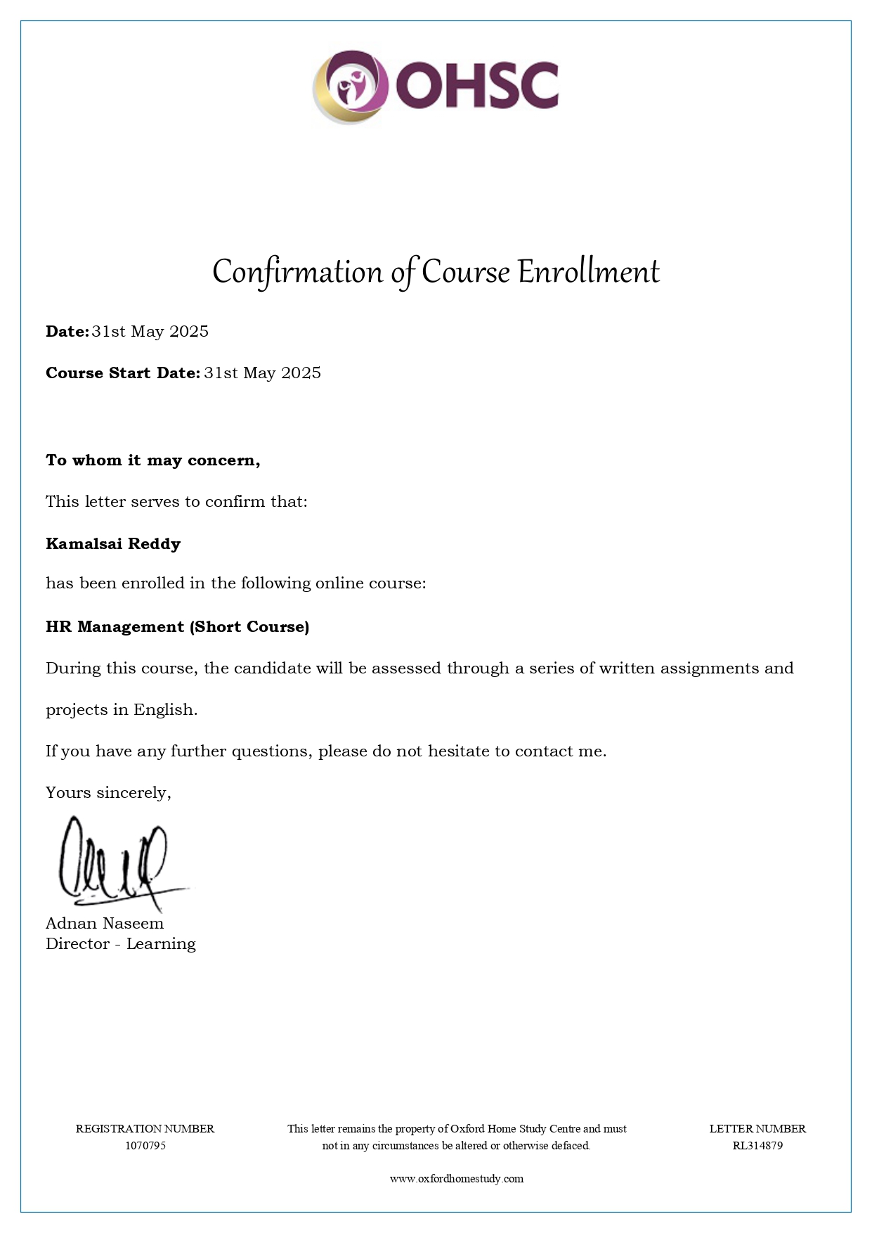 HR Course Certificate